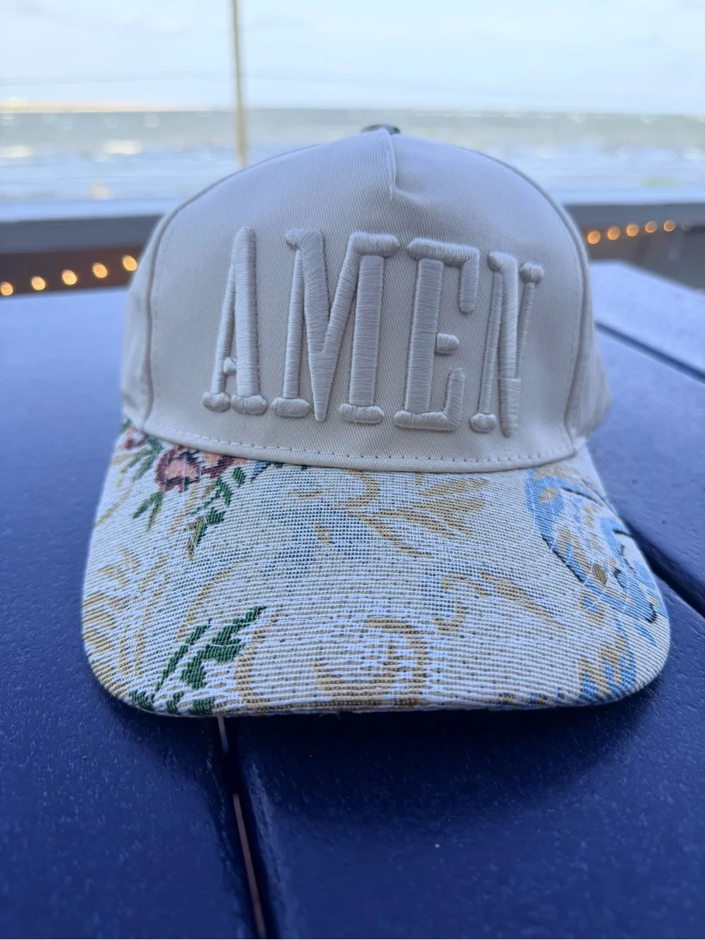 Amen Embroidered Floral Brim Baseball Cap - Cream